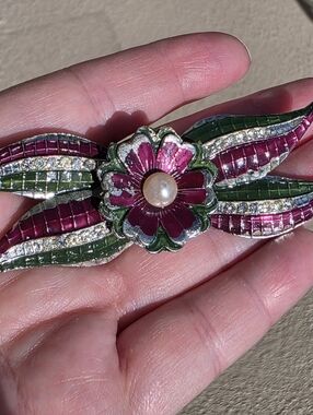 Pot Metal Suffragette Purple Green Pansy Rhinestone Enamel Flower Brooch Pin 3"